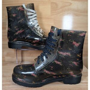 Bongo Women’s Floral Combat Rain Boots Size 9 Waterproof Rubber Lace-Up